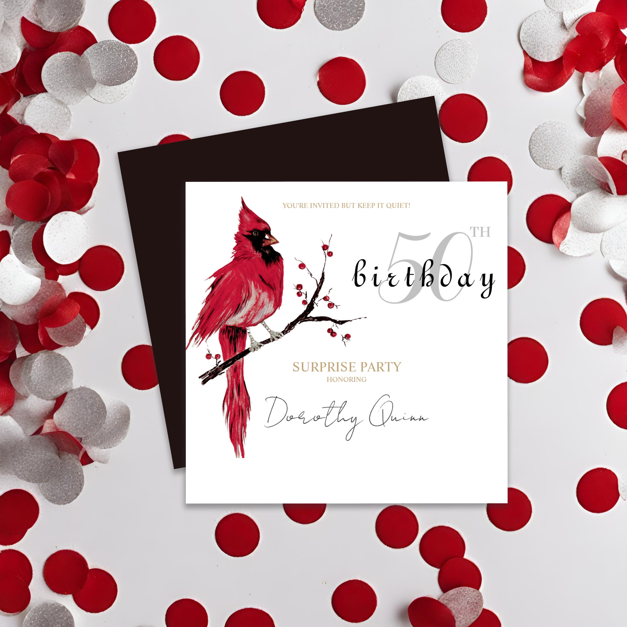 Watercolor Cardinal Surprise Birthday Party Invitation