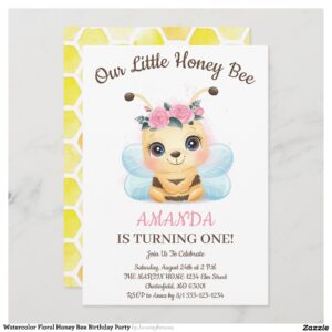 Watercolor Floral Honey Bee Birthday Party Invitation