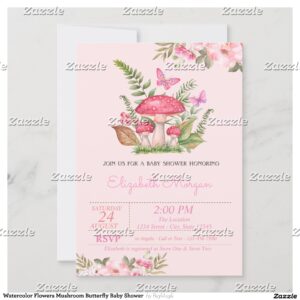 Watercolor Flowers Mushroom Butterfly Baby Shower Invitation