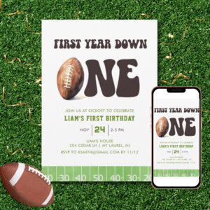 Watercolor Football First Year Down 1st Birthday Invitation