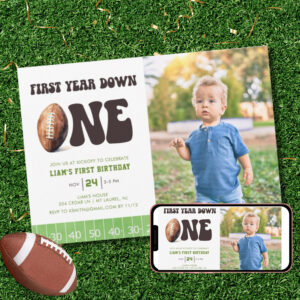 Watercolor Football First Year Down 1st Birthday Invitation