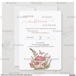 Watercolor Mushrooms Butterflies Baby Shower Invitation
