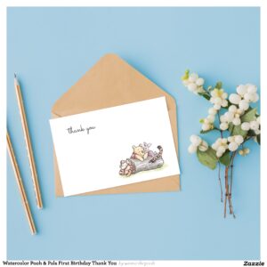 Watercolor Pooh & Pals First Birthday Thank You Invitation