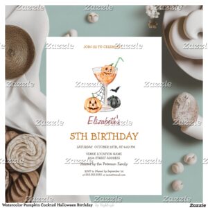 Watercolor Pumpkin Cocktail Halloween Birthday Invitation
