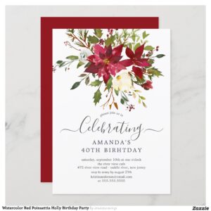 Watercolor Red Poinsettia Holly Birthday Party Invitation