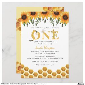 Watercolor Sunflower Honeycomb First Bee-day Invitation