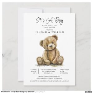 Watercolor Teddy Bear Baby Boy Shower Invitation