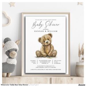 Watercolor Teddy Bear Baby Shower Invitation
