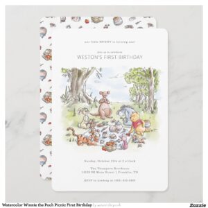 Watercolor Winnie the Pooh Picnic First Birthday Invitation