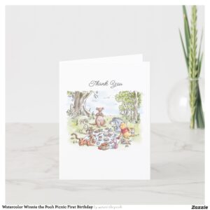 Watercolor Winnie the Pooh Picnic First Birthday Thank You Card