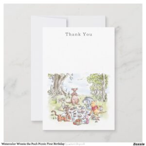 Watercolor Winnie the Pooh Picnic First Birthday Thank You Card