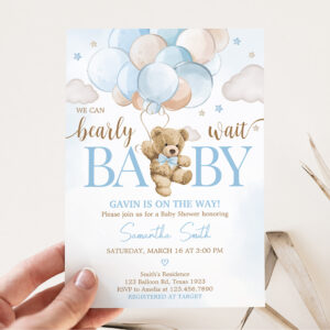 We Can Bearly Wait Bear Balloon Baby Shower Invitation