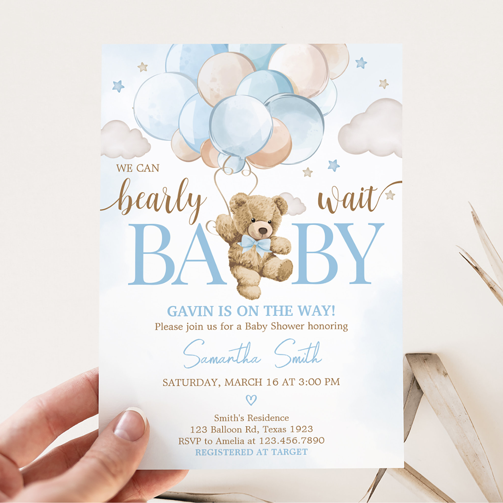 We Can Bearly Wait Bear Balloon Baby Shower Invitation