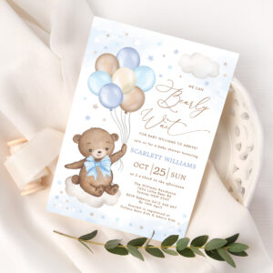 We Can Bearly Wait Bear Balloon Boy Baby Shower Invitation