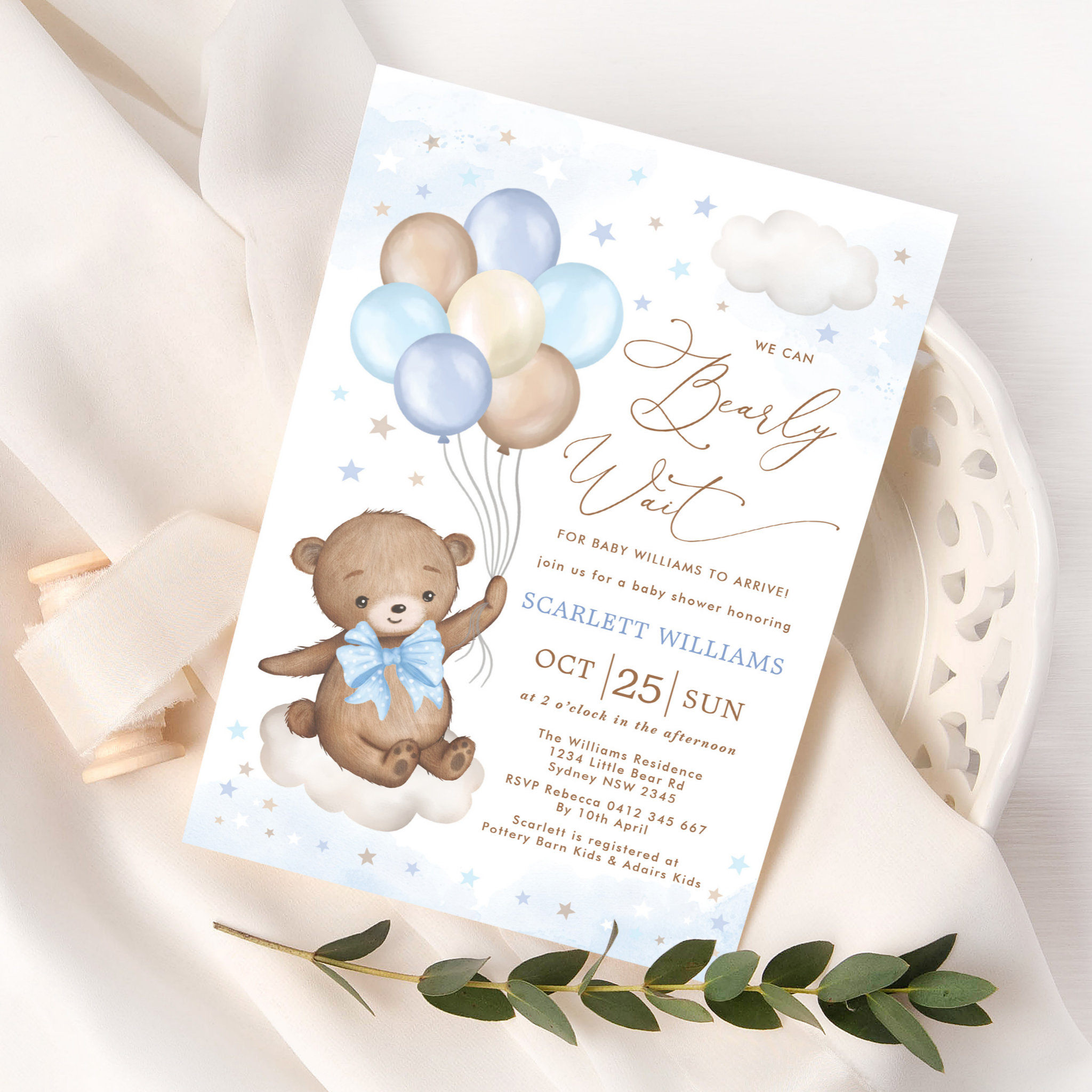 We Can Bearly Wait Bear Balloon Boy Baby Shower Invitation