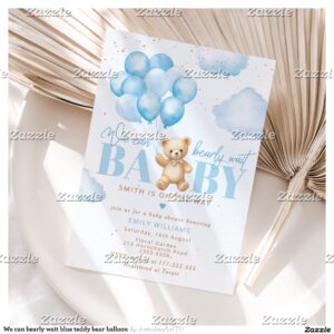 We can bearly wait blue teddy bear balloon invitation