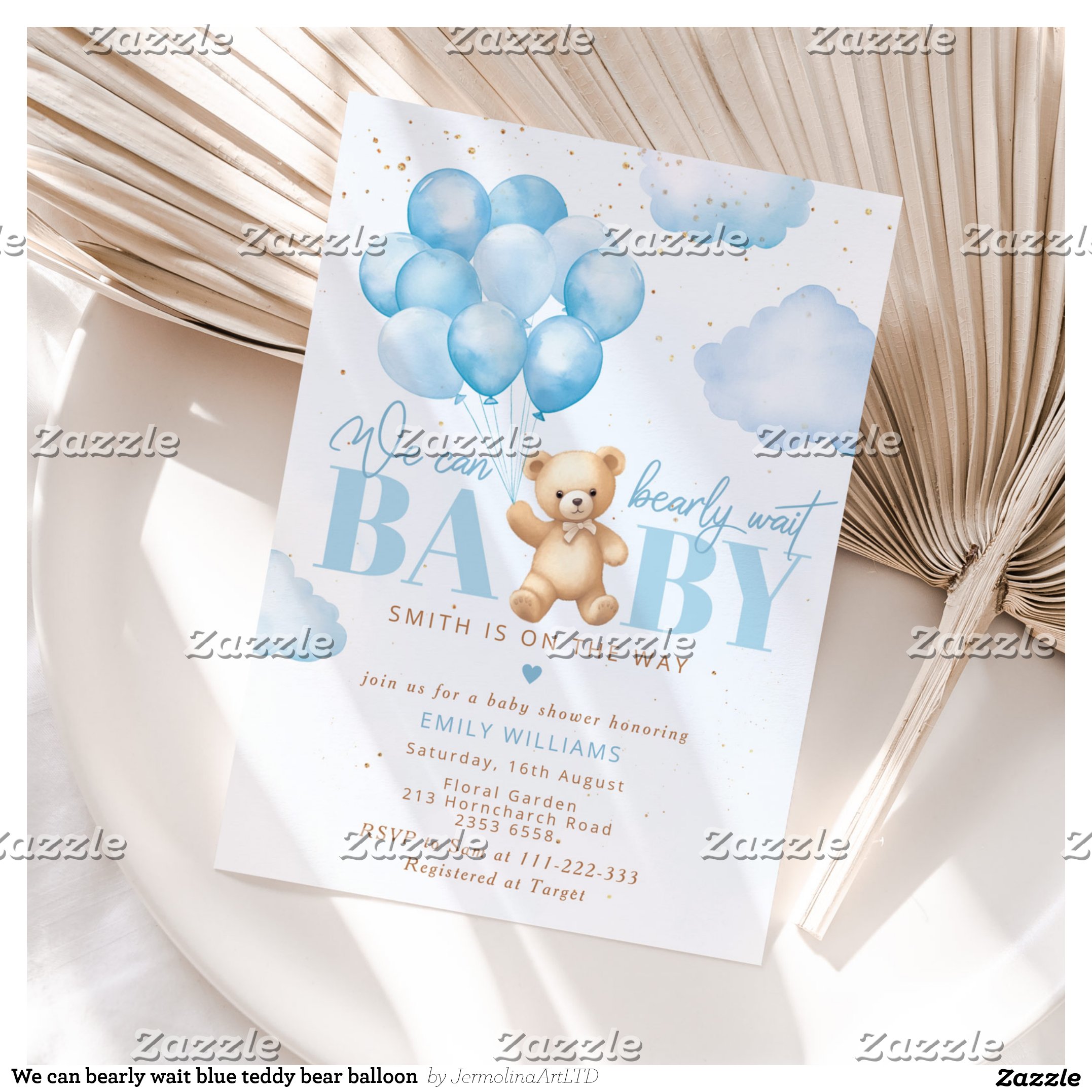 We can bearly wait blue teddy bear balloon invitation