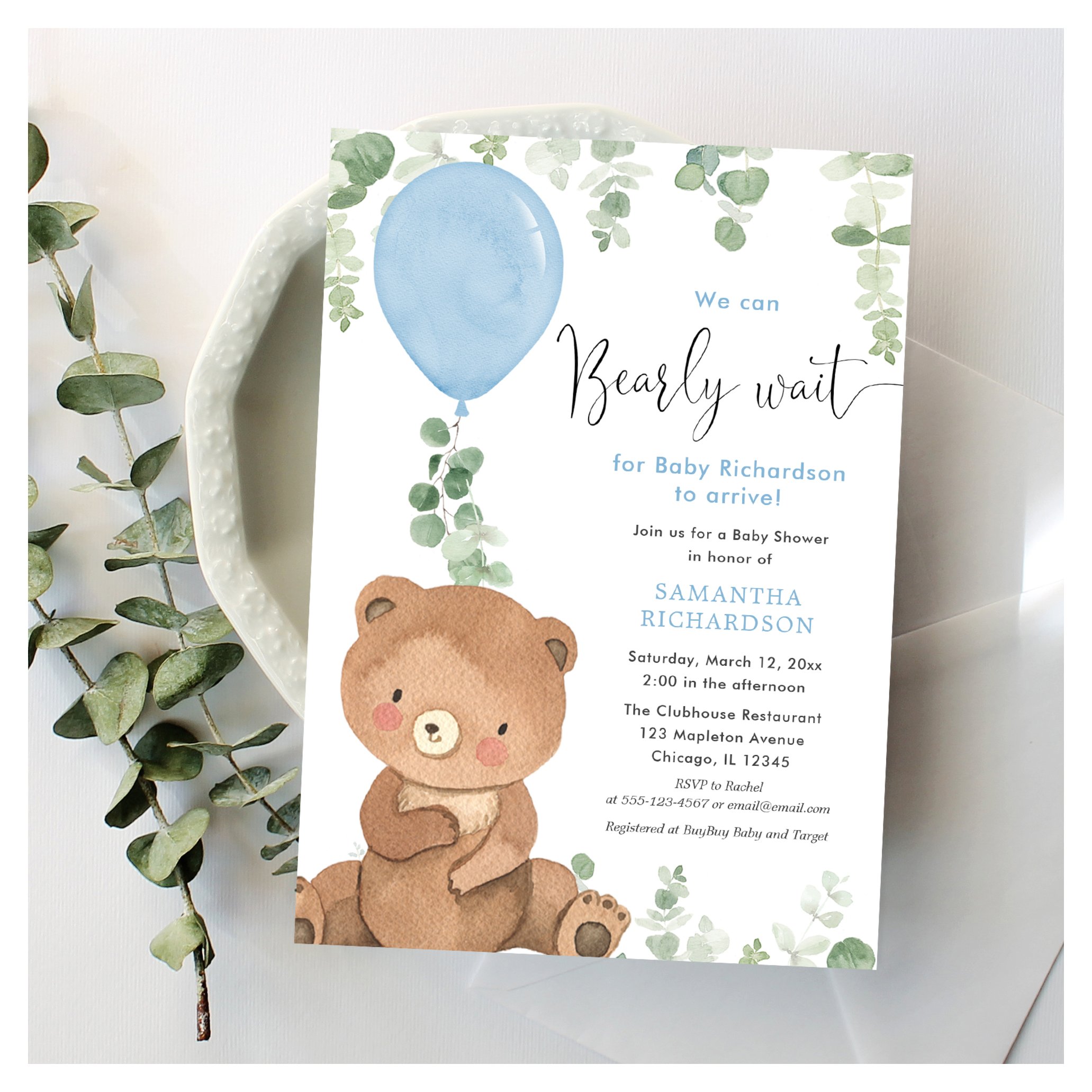 We can bearly wait boy baby shower balloon invitation