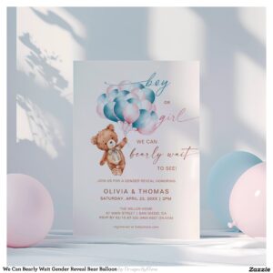 We Can Bearly Wait Gender Reveal Bear Balloon Invitation