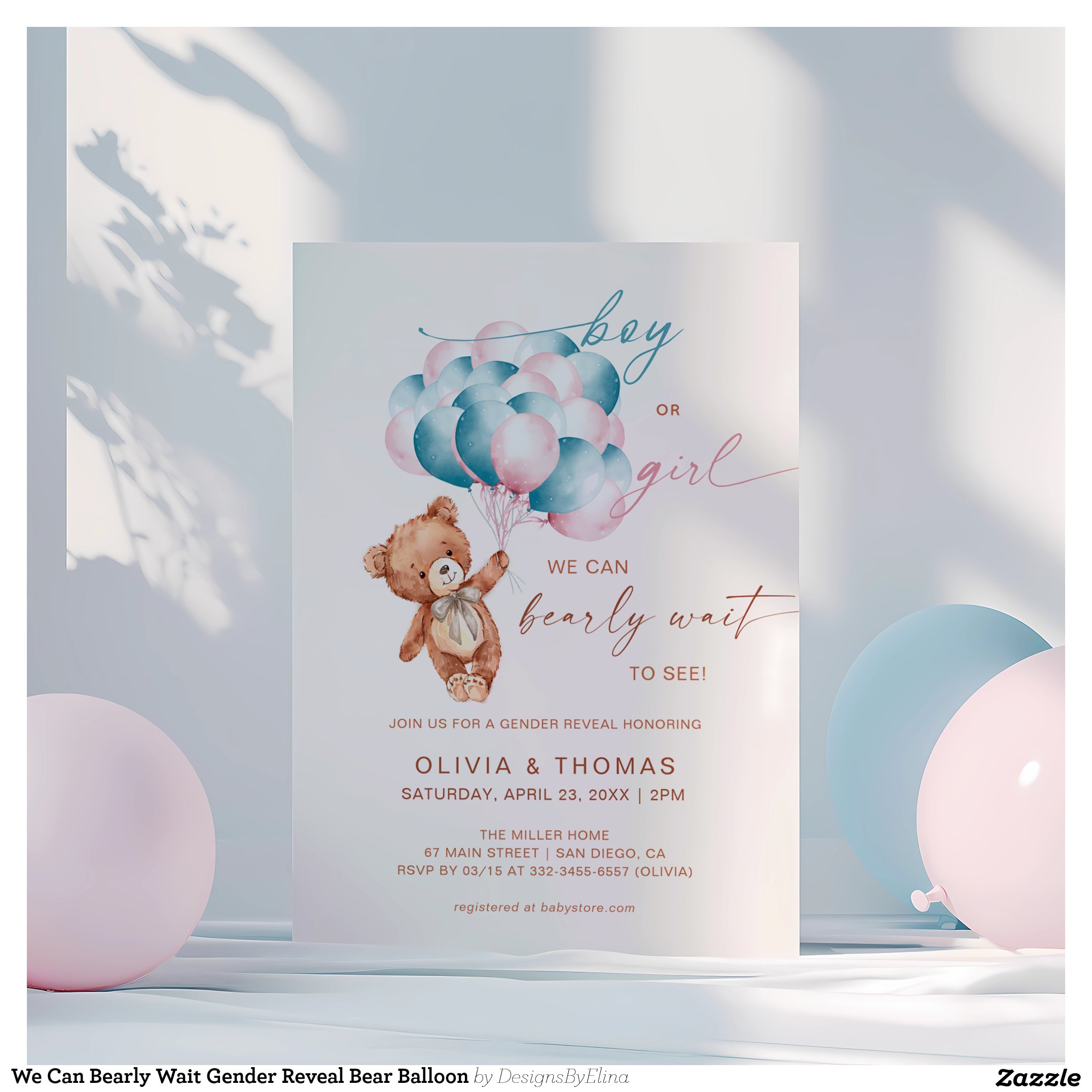 We Can Bearly Wait Gender Reveal Bear Balloon Invitation