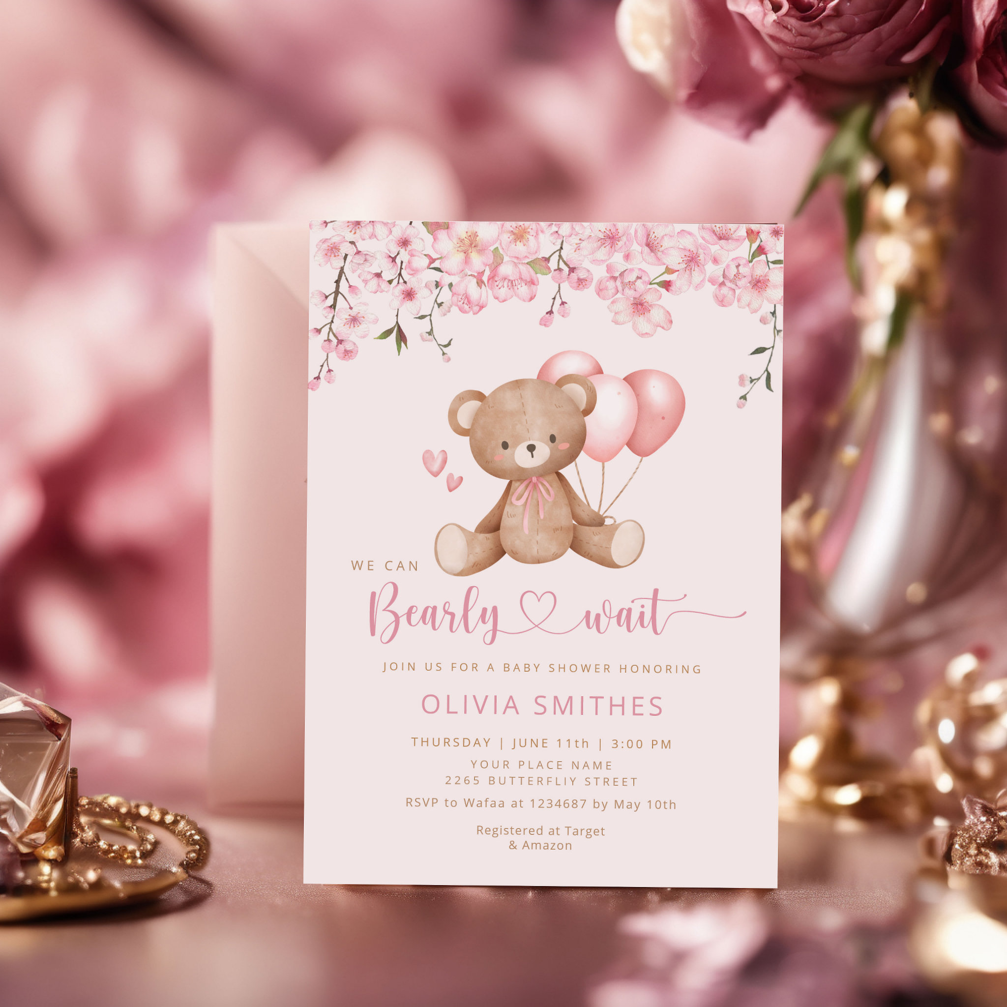 We Can Bearly Wait Girl Teddy Bear Baby Shower Invitation