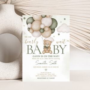 We Can Bearly Wait Green Boho Baby Shower Invitation