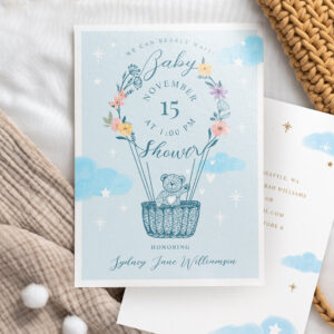 We Can Bearly Wait Hot Air Balloon Teddy Bear Blue Invitation