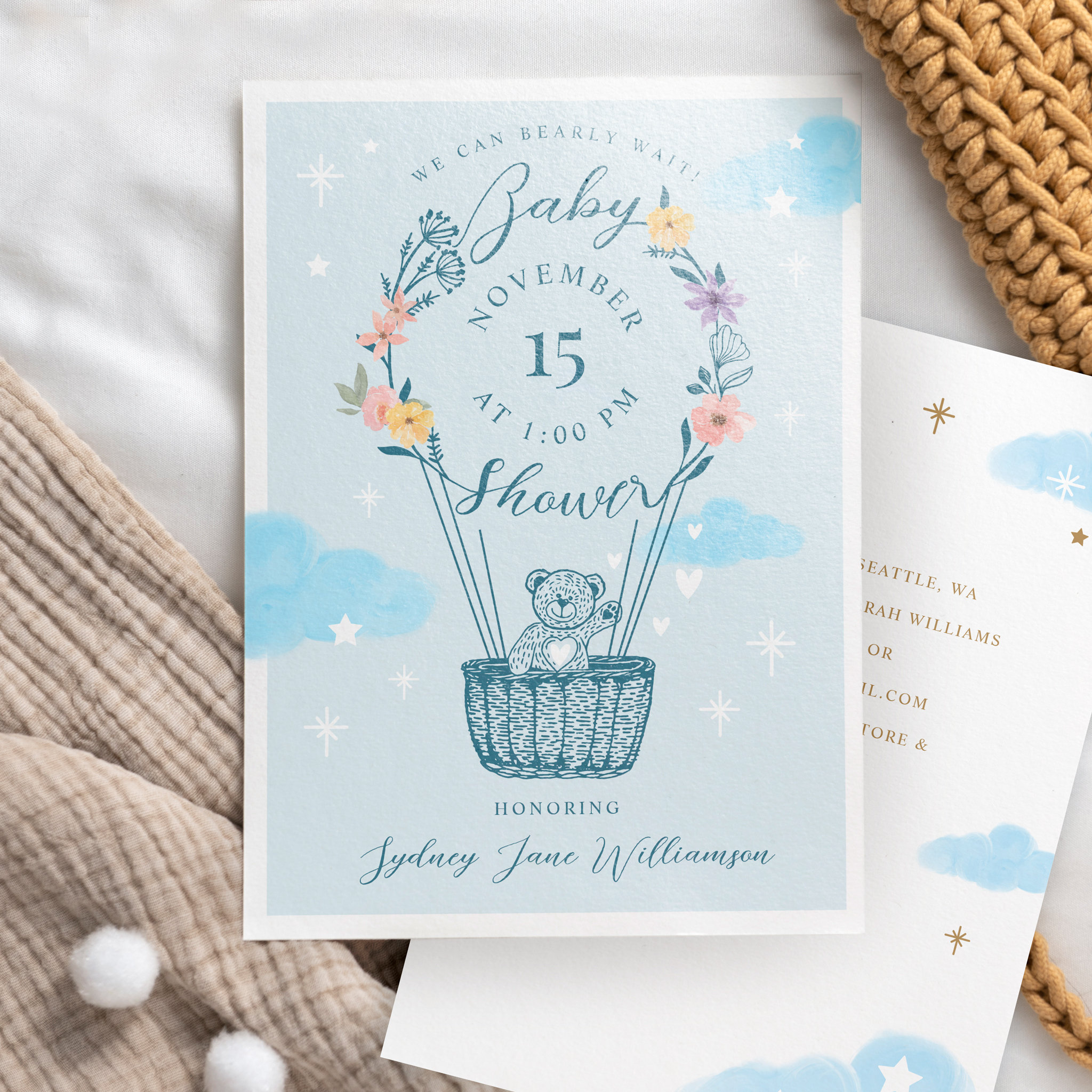 We Can Bearly Wait Hot Air Balloon Teddy Bear Blue Invitation