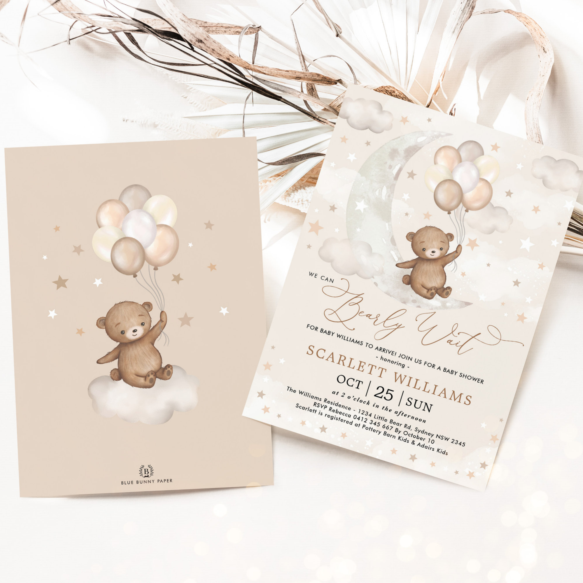 We Can Bearly Wait Moon Bear Balloons Baby Shower Invitation