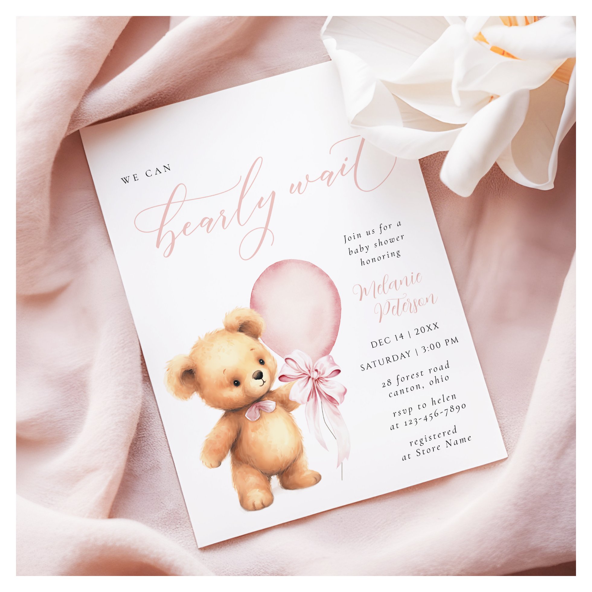 We Can Bearly Wait Pink Bow Balloon Baby Shower Invitation