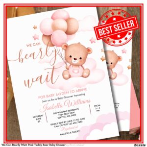 We Can Bearly Wait Pink Teddy Bear Baby Shower Invitation