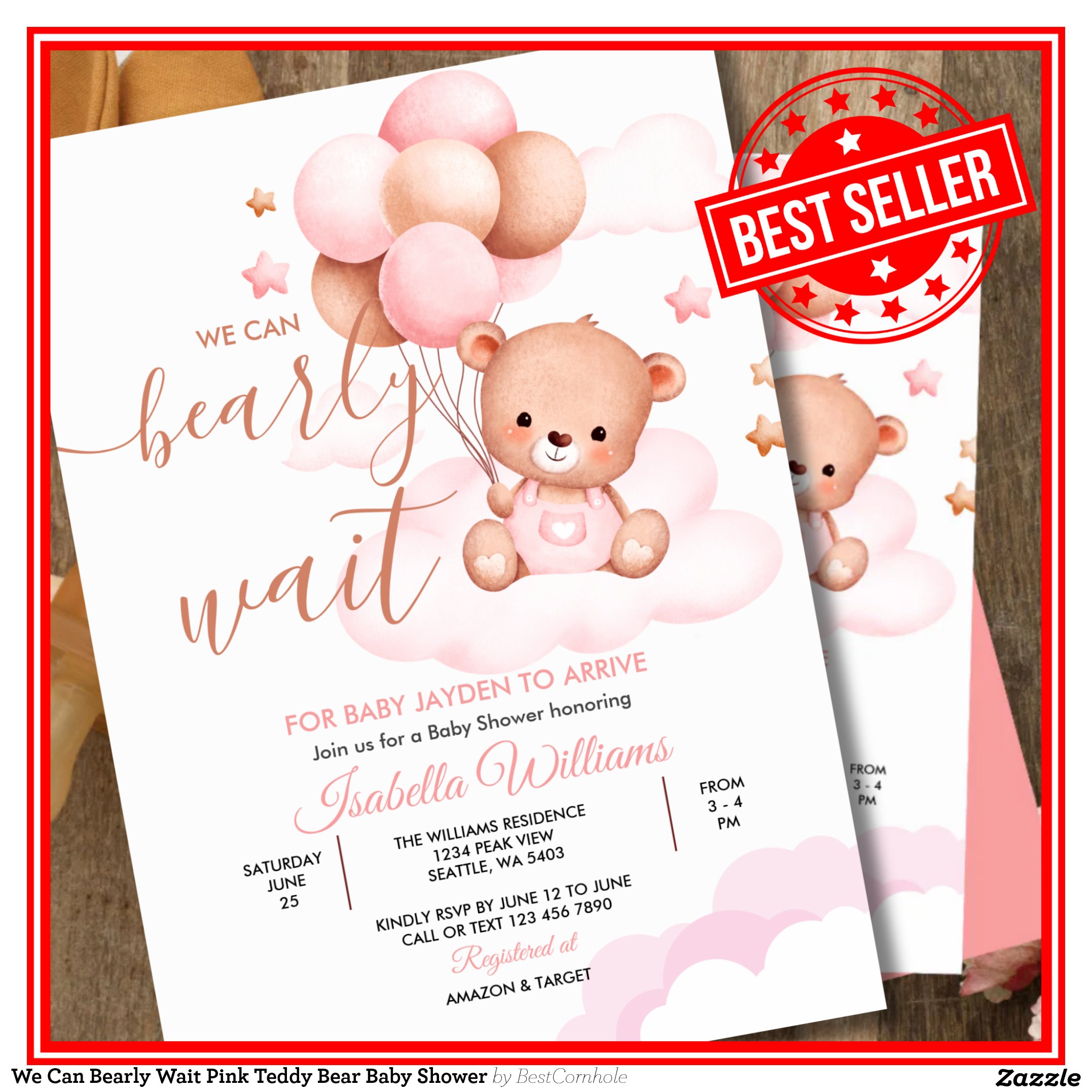 We Can Bearly Wait Pink Teddy Bear Baby Shower Invitation