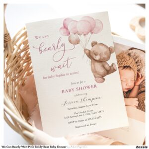 We Can Bearly Wait Pink Teddy Bear Baby Shower Invitation