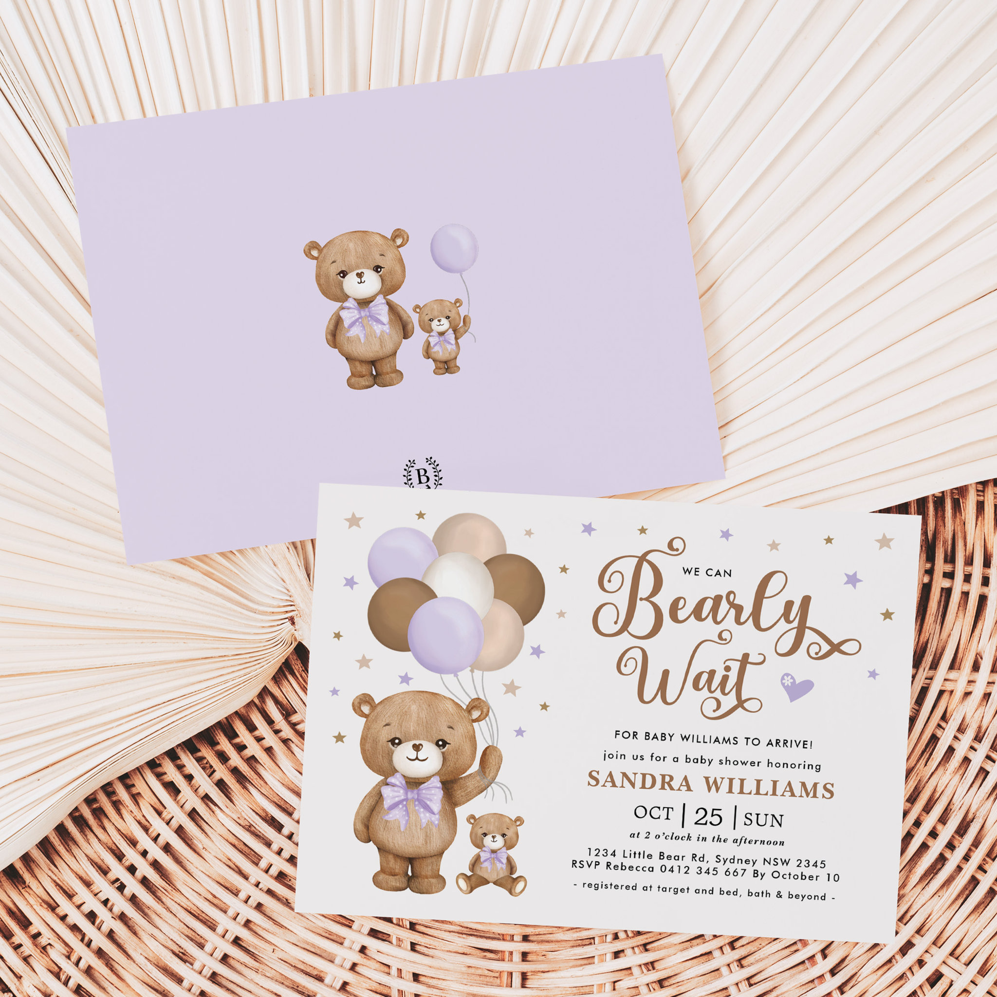 We Can Bearly Wait Purple Teddy Bear Baby Shower Invitation