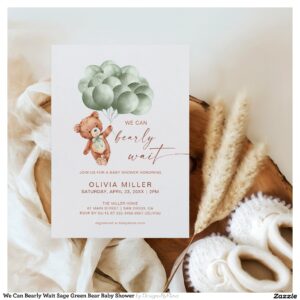 We Can Bearly Wait Sage Green Bear Baby Shower Invitation