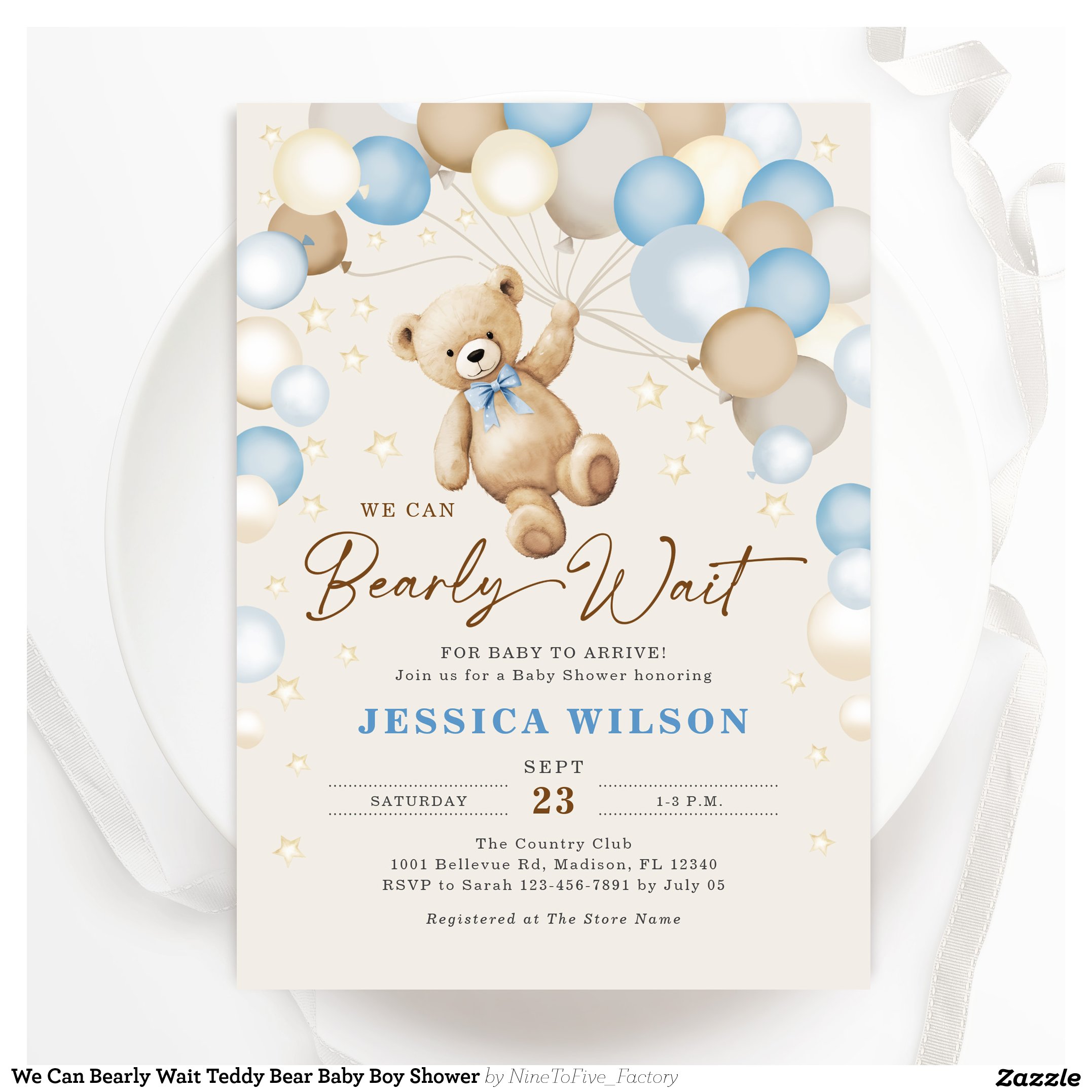 We Can Bearly Wait Teddy Bear Baby Boy Shower Invitation
