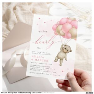We Can Bearly Wait Teddy Bear Baby Girl Shower Invitation