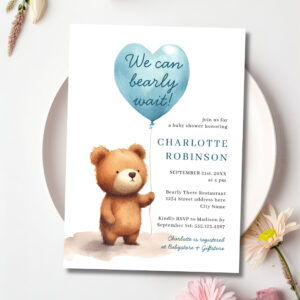 We Can Bearly Wait Teddy Bear Blue Boy Baby Shower Invitation
