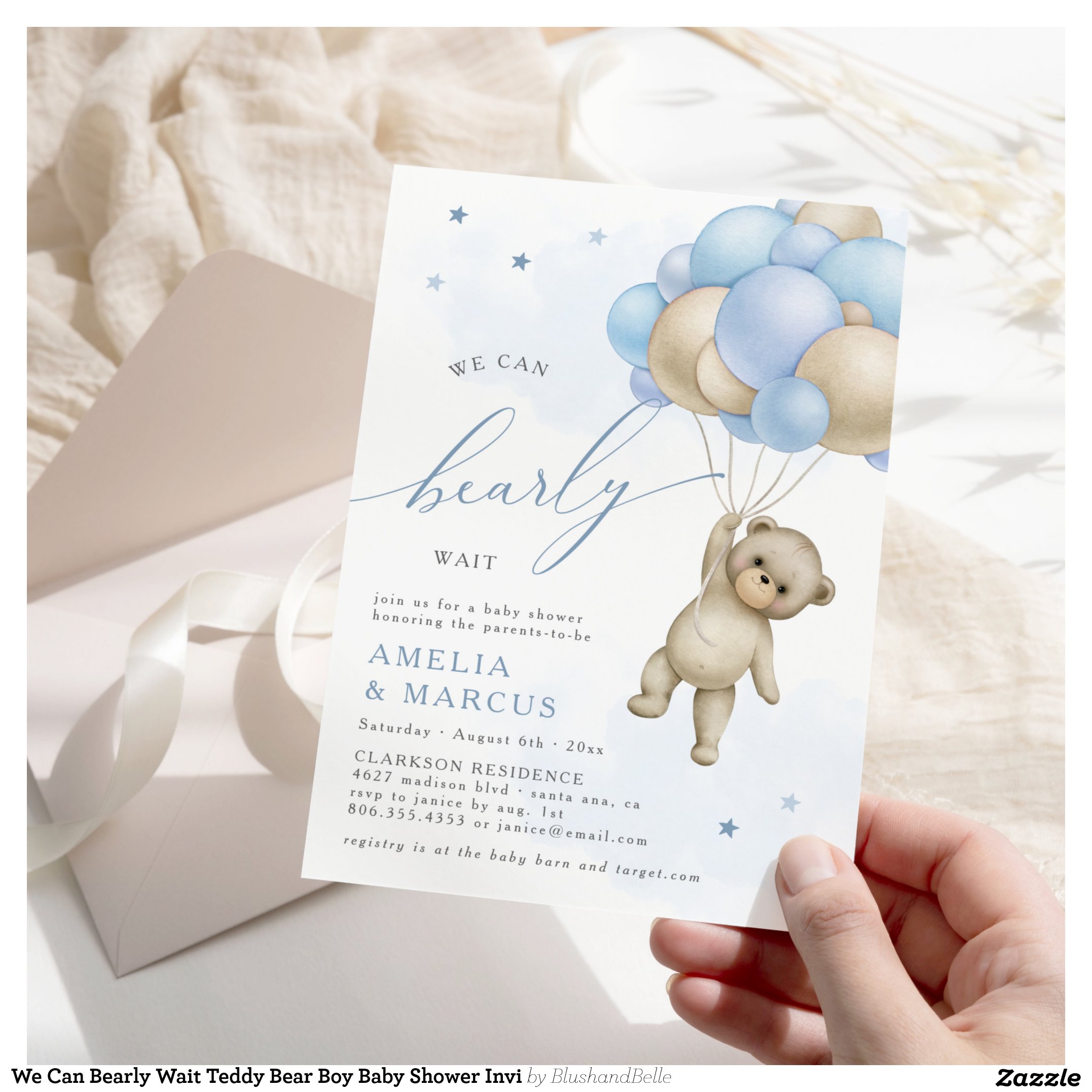 We Can Bearly Wait Teddy Bear Boy Baby Shower Invi Invitation