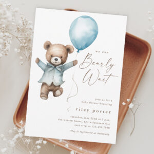We Can Bearly Wait Teddy Bear Boys Baby Shower Invitation