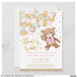 We Can Bearly Wait Teddy Bear Girl Baby Shower Invitation