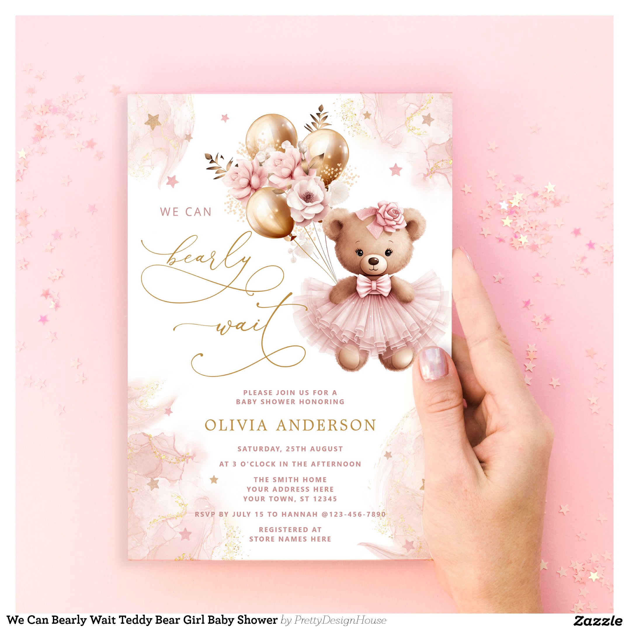 We Can Bearly Wait Teddy Bear Girl Baby Shower Invitation