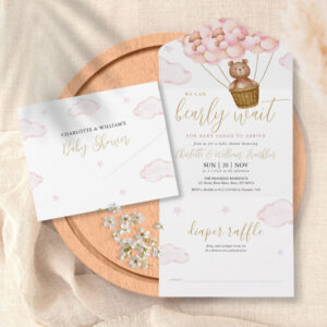 We Can Bearly Wait Teddy Bear Pink Baby Shower All In One Invitation