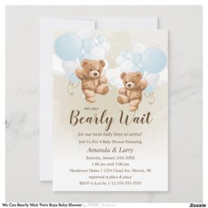 We Can Bearly Wait Twin Boys Baby Shower Invitation
