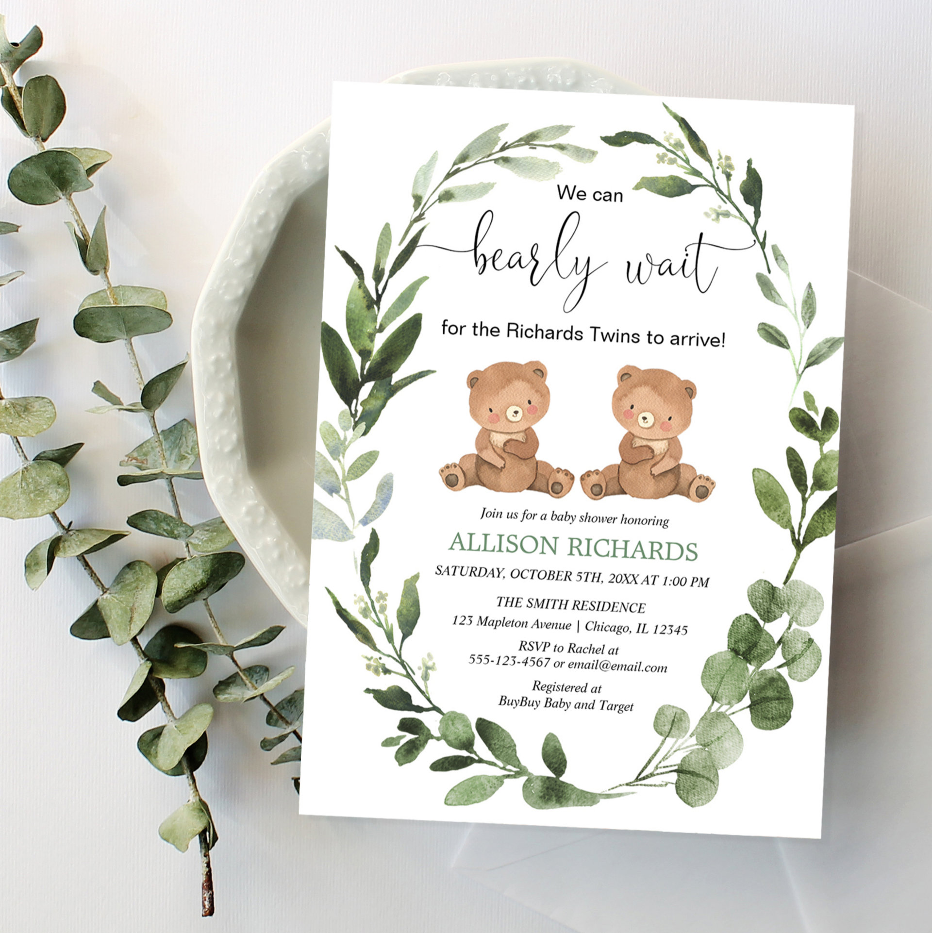 We can bearly wait twins teddy bear baby shower invitation