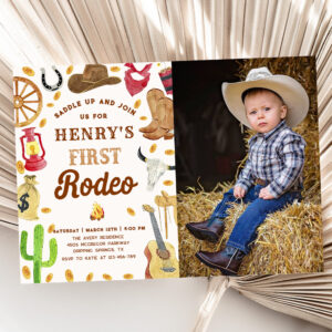 Western Cowboy 1st Rodeo Birthday Party Photo Invitation
