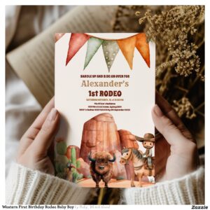 Western First Birthday Rodeo Baby Boy Invitation