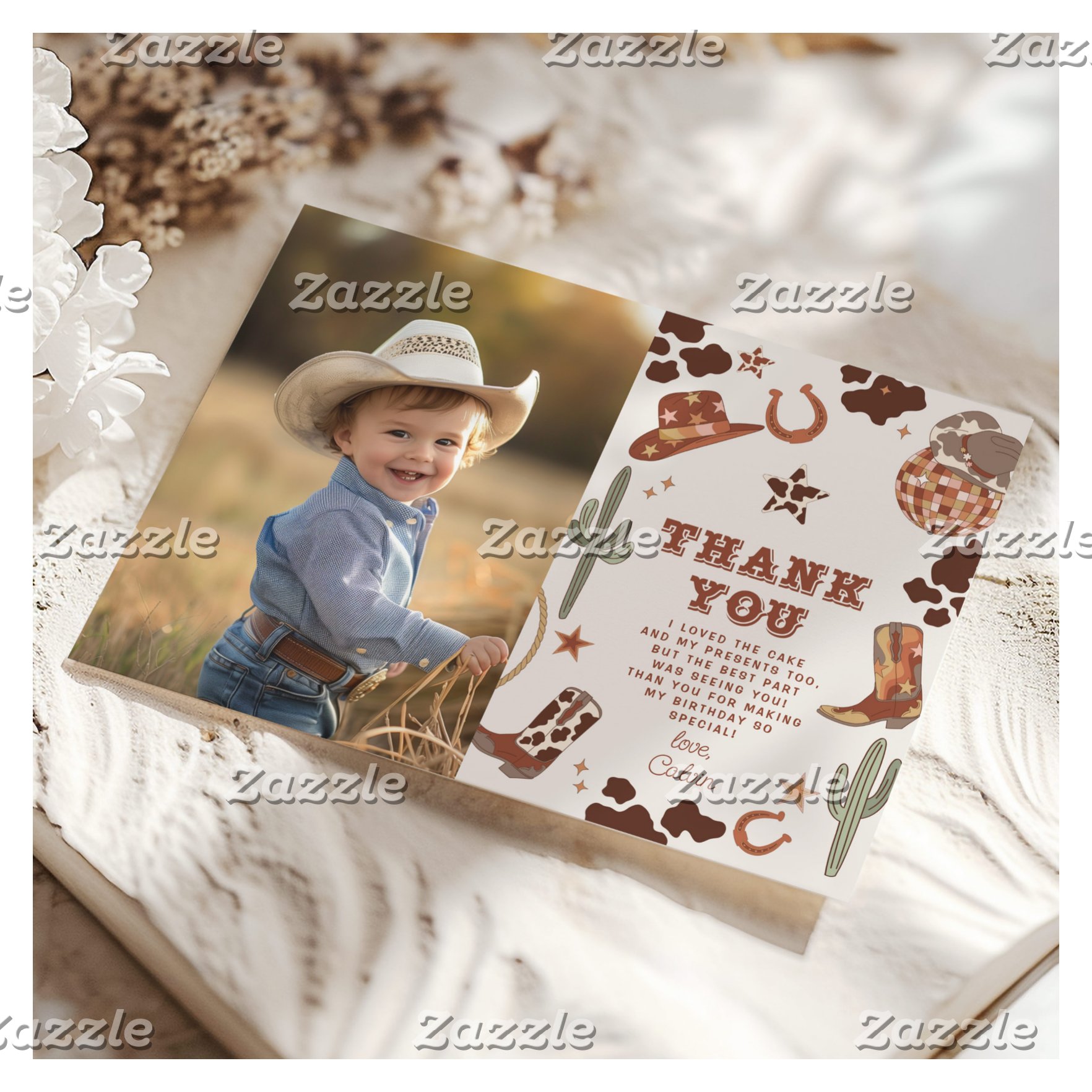Western First Rodeo boy birthday photo thank you Invitation