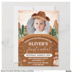 Western First Rodeo Wild West Cowboy 1st Birthday Invitation