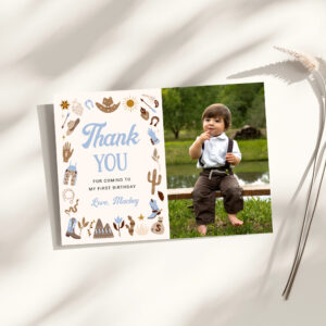 Western First Rodeo Wild West Cowboy Blue Birthday Thank You Card